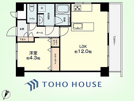 1LDK 専有面積40.15平米、バルコニー面積6.05平米