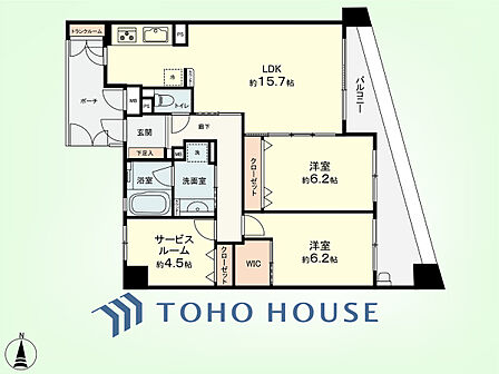 2SLDK+TR 専有面積75.15平米、バルコニー面積12.74平米