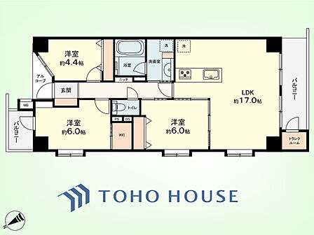 3LDK+TR　専有面積75.56平米、バルコニー面積8.08平米