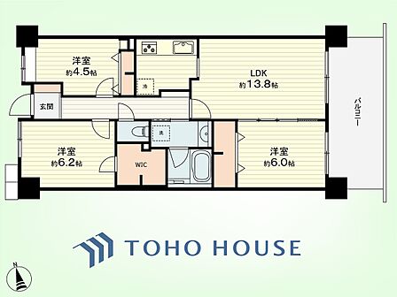 3LDK 専有面積71.36平米、バルコニー面積13.8平米