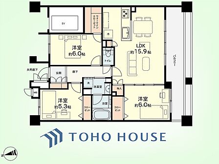 3LDK 専有面積75.32平米、バルコニー面積16.11平米