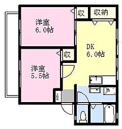 サンビレッジ西焼津A 2DKの間取図画像