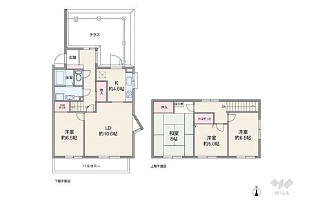 間取りは専有面積97.86平米の4LDK。戸建て感覚が味わえるメゾネットのプラン。