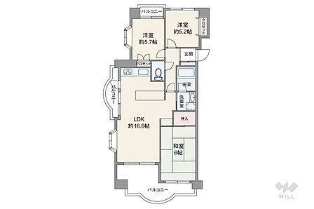 間取りは専有面積73.13平米の3LDK。LDK約16.6帖の横長リビングのプラン。バルコニー面積は17.03平米です。