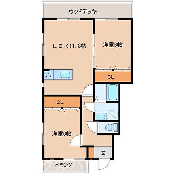 ル・ショコラA棟 103｜福岡県朝倉市杷木寒水(賃貸アパート2LDK・1階・56.62㎡)の写真 その2