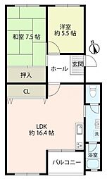 星陵台住宅2号棟 2LDKの間取図画像