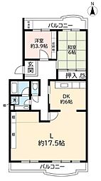 UR都市機構洛西竹の里団地6棟 2LDKの間取図画像