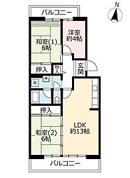 UR都市機構洛西福西公園団地1棟 3LDKの間取図画像