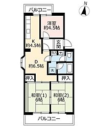 UR都市機構洛西福西公園団地1棟 2LDKの間取図画像