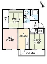 UR都市機構中登美団地C-3 3Kの間取図画像