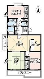 UR都市機構アミティ光台5号棟 3LDKの間取図画像