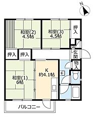 UR都市機構中登美団地C-3 2LDKの間取図画像