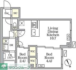 アジールコート後楽園 1階2LDKの間取り