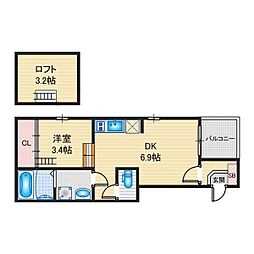 ハーモニーテラス下米野町2 1DKの間取図画像