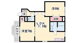 クレストール上野田B棟 2LDKの間取図画像