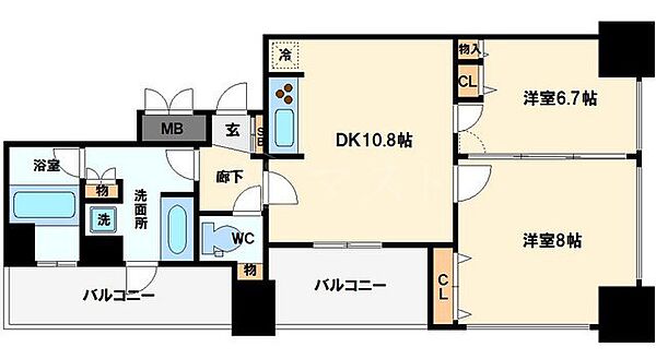 アルグラッド・ザ・タワー心斎橋 2701｜大阪府大阪市中央区東心斎橋1丁目(賃貸マンション2LDK・24階・59.22㎡)の写真 その2