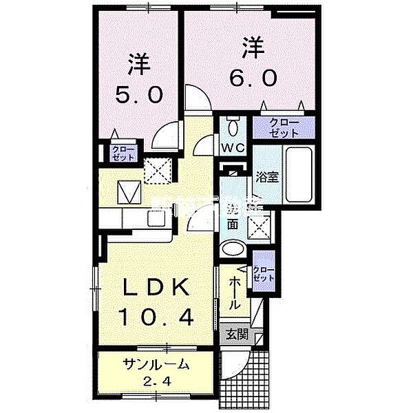 セレノMS　B棟 105｜福岡県久留米市高野2丁目(賃貸アパート2LDK・1階・53.63㎡)の写真 その2