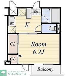 シャンブル烏山 1階1Kの間取り