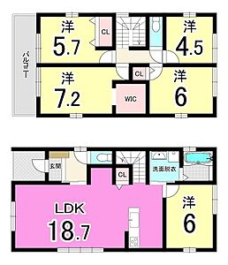 間取り：【駐車場2台分】八幡西区永犬丸東町5LDK新築戸建♪カウンターキッチン♪永犬丸小学校まで徒歩約10分