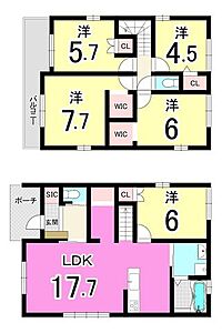 間取り：【駐車場2台分】八幡西区永犬丸東町5LDK新築戸建♪カウンターキッチン♪永犬丸小学校まで徒歩約10分