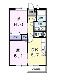 シャトー野口2 2DKの間取図画像