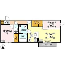 クランツ古川西 B棟 2LDKの間取図画像