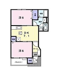 バーシア・南梅本B 2DKの間取図画像