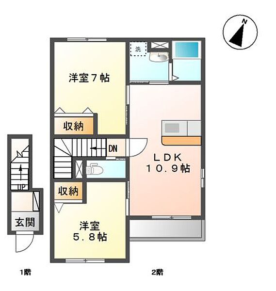 サニーコート新沼 205｜宮城県石巻市渡波字新沼(賃貸アパート2LDK・2階・56.24㎡)の写真 その2