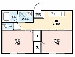 フェリース 1階2DKの間取り