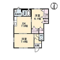 ヴィラージュ　A棟 1階2DKの間取り