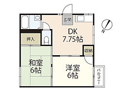 グラティアーK 2階2DKの間取り