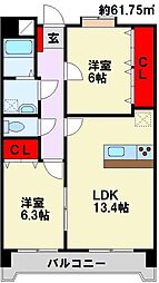 ブルースクエアー響1 2LDKの間取図画像