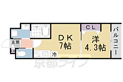 京阪京津線 四宮駅 徒歩4分の賃貸マンション 1階1DKの間取り
