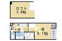 ハーモニーテラス椥辻中在家町 2階1Kの間取り