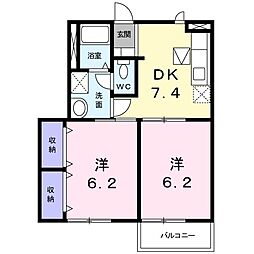 グランドゥール山川壱番館 2DKの間取図画像