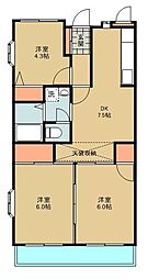 フローラ関富 5階3DKの間取り