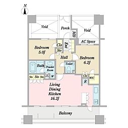 藤和シティホームズ御殿山 5階2LDKの間取り