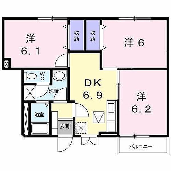 リュエル・ロジュマンＡＢ B103 号室｜愛媛県松山市辻町(賃貸アパート3DK・1階・58.58㎡)の写真 その2