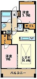 プルミエールふれあいの丘 2LDKの間取図画像