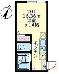 東急東横線 菊名駅 徒歩9分の賃貸アパート 2階ワンルームの間取り