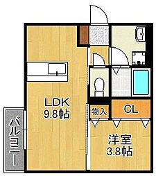 パディコート下城野 1LDKの間取図画像