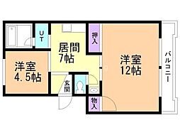 エスカイア二十四軒2号棟 1LDKの間取図画像