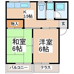 サンテラス東部上條ハイツ 2Kの間取図画像