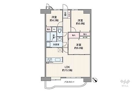 間取りは専有面積77.54平米の3LDK。バルコニー面積は9.86平米です。