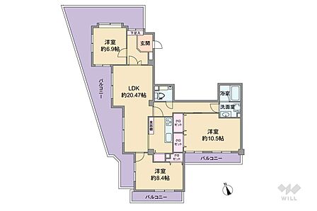 間取りは専有面積102.04平米の3LDK。全部屋6.9帖以上の広さを確保したゆとりのあるプラン。全部屋がバルコニーに面しており、開放感があります。