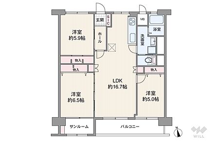 間取りは専有面積76.5平米の3LDK。LDK約16.7帖のプラン。バルコニー面積は6.5平米です。
