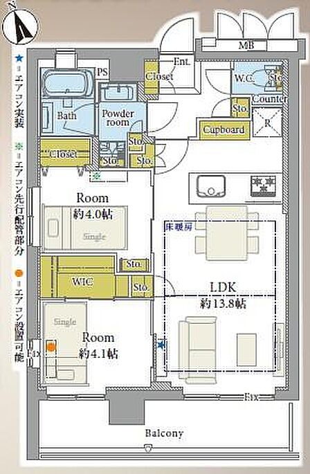 2LDK、専有面積52.29m2、バルコニー面積9.45m2