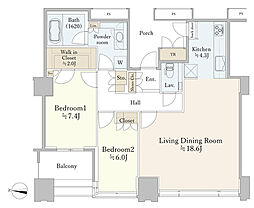 ワールドシティタワーズキャピタルタワーC1棟 2LDKの間取図画像