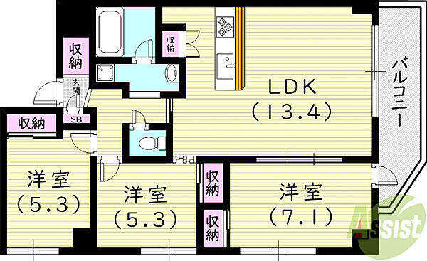 兵庫県西宮市大屋町(賃貸マンション3LDK・5階・73.48㎡)の写真 その2