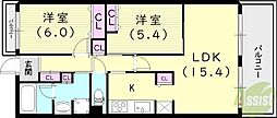 甲子園三番町ハイツ 2LDKの間取図画像